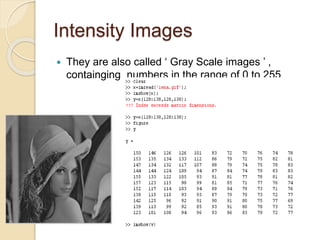 Intensity Images
 They are also called ‘ Gray Scale images ’ ,
containging numbers in the range of 0 to 255
 