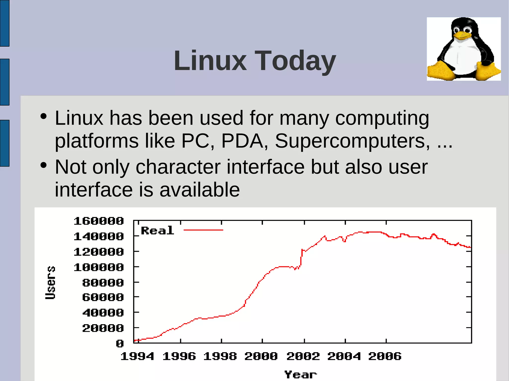 Linux Today
• Linux has been used for many computing
platforms like PC, PDA, Supercomputers, ...
• Not only character interface but also user
interface is available
 