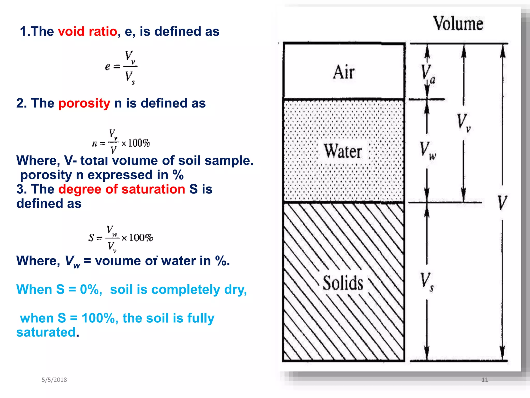1.The void ratio, e, is defined as
2. The porosity n is defined as
Where, V- total volume of soil sample.
porosity n expressed in %
3. The degree of saturation S is
defined as
Where, Vw = volume of water in %.
When S = 0%, soil is completely dry,
when S = 100%, the soil is fully
saturated.
5/5/2018 11
 