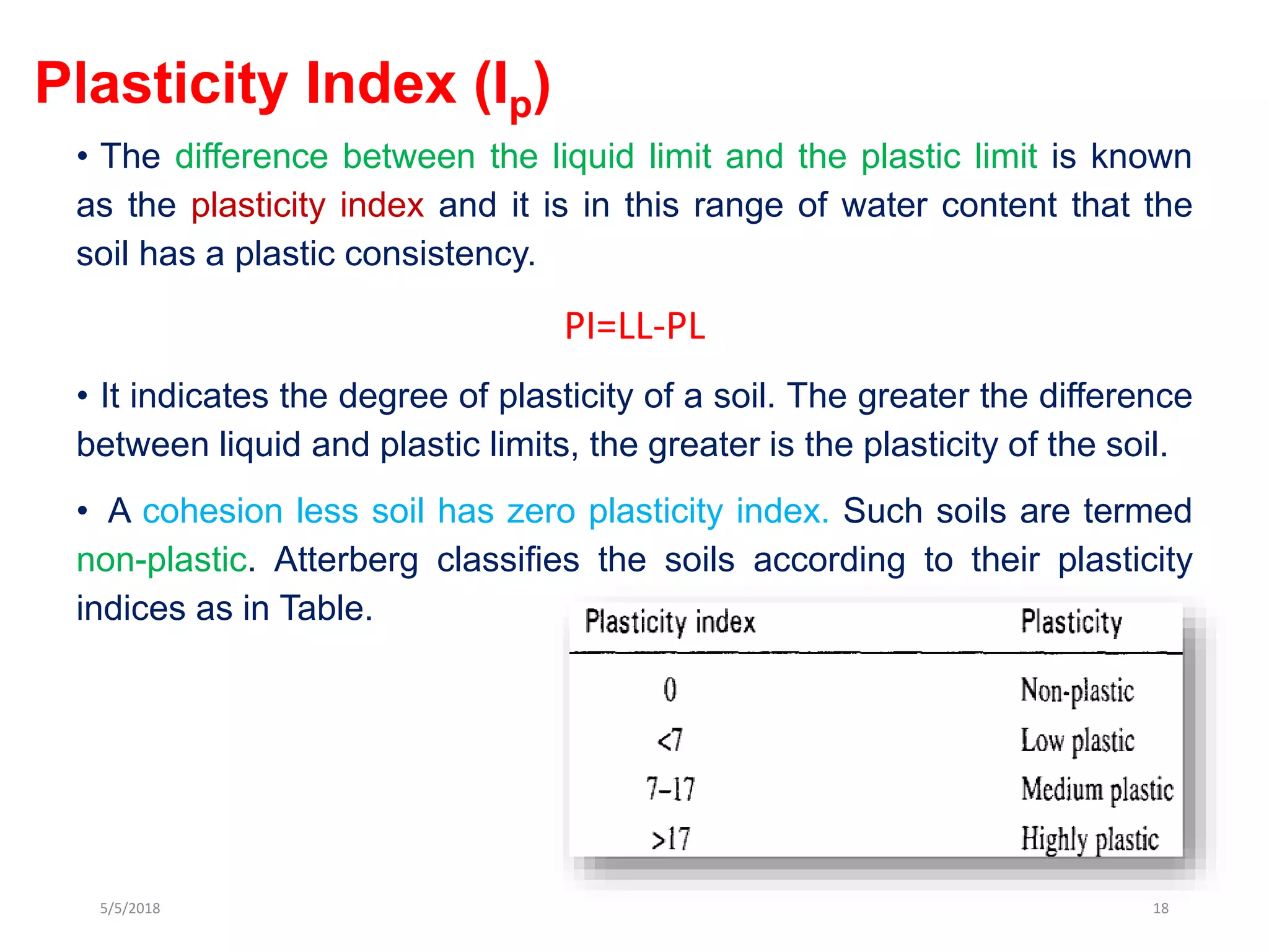 Plasticity Index (Ip)
• The difference between the liquid limit and the plastic limit is known
as the plasticity index and it is in this range of water content that the
soil has a plastic consistency.
PI=LL-PL
• It indicates the degree of plasticity of a soil. The greater the difference
between liquid and plastic limits, the greater is the plasticity of the soil.
• A cohesion less soil has zero plasticity index. Such soils are termed
non-plastic. Atterberg classifies the soils according to their plasticity
indices as in Table.
5/5/2018 18
 
