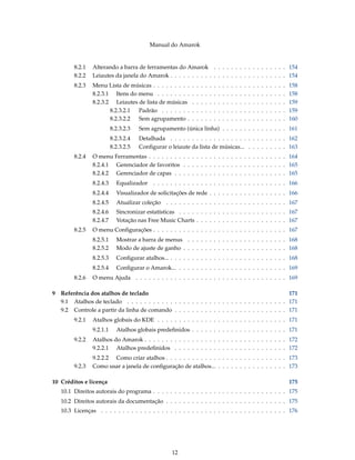 Manual do Amarok


         8.2.1   Alterando a barra de ferramentas do Amarok . . . . . . . . . . . . . . . . . 154
         8.2.2   Leiautes da janela do Amarok . . . . . . . . . . . . . . . . . . . . . . . . . . . 154
         8.2.3   Menu Lista de músicas . . . . . . . . .     .   .   .   .   .   .   .   .   .   .   .   .   .   .   .   .   .   .   .   .   .   .   158
                 8.2.3.1 Itens do menu . . . . . . . .       .   .   .   .   .   .   .   .   .   .   .   .   .   .   .   .   .   .   .   .   .   .   158
                 8.2.3.2 Leiautes de lista de músicas        .   .   .   .   .   .   .   .   .   .   .   .   .   .   .   .   .   .   .   .   .   .   159
                        8.2.3.2.1 Padrão . . . . . . .       .   .   .   .   .   .   .   .   .   .   .   .   .   .   .   .   .   .   .   .   .   .   159
                        8.2.3.2.2 Sem agrupamento .          .   .   .   .   .   .   .   .   .   .   .   .   .   .   .   .   .   .   .   .   .   .   160
                           8.2.3.2.3   Sem agrupamento (única linha) . . . . . . . . . . . . . . . 161
                           8.2.3.2.4   Detalhada . . . . . . . . . . . . . . . . . . . . . . . . . . . 162
                           8.2.3.2.5   Conﬁgurar o leiaute da lista de músicas... . . . . . . . . . 163
         8.2.4   O menu Ferramentas . . . . . . . . . . . . . . . . . . . . . . . . . . . . . . . . 164
                 8.2.4.1 Gerenciador de favoritos . . . . . . . . . . . . . . . . . . . . . . . . 165
                 8.2.4.2 Gerenciador de capas . . . . . . . . . . . . . . . . . . . . . . . . . . 165
                 8.2.4.3     Equalizador . . . . . . . . . . . . . . . . . . . . . . . . . . . . . . . 166
                 8.2.4.4     Visualizador de solicitações de rede . . . . . . . . . . . . . . . . . . 166
                 8.2.4.5     Atualizar coleção . . . . . . . . . . . . . . . . . . . . . . . . . . . . 167
                 8.2.4.6     Sincronizar estatísticas . . . . . . . . . . . . . . . . . . . . . . . . . 167
                 8.2.4.7     Votação nas Free Music Charts . . . . . . . . . . . . . . . . . . . . . 167
         8.2.5   O menu Conﬁgurações . . . . . . . . . . . . . . . . . . . . . . . . . . . . . . . 167
                 8.2.5.1     Mostrar a barra de menus . . . . . . . . . . . . . . . . . . . . . . . 168
                 8.2.5.2     Modo de ajuste de ganho . . . . . . . . . . . . . . . . . . . . . . . . 168
                 8.2.5.3     Conﬁgurar atalhos... . . . . . . . . . . . . . . . . . . . . . . . . . . . 168
                 8.2.5.4     Conﬁgurar o Amarok... . . . . . . . . . . . . . . . . . . . . . . . . . 169
         8.2.6   O menu Ajuda . . . . . . . . . . . . . . . . . . . . . . . . . . . . . . . . . . . 169

9   Referência dos atalhos de teclado                                                                171
    9.1 Atalhos de teclado . . . . . . . . . . . . . . . . . . . . . . . . . . . . . . . . . . . . . 171
    9.2 Controle a partir da linha de comando . . . . . . . . . . . . . . . . . . . . . . . . . . 171
         9.2.1   Atalhos globais do KDE . . . . . . . . . . . . . . . . . . . . . . . . . . . . . . 171
                 9.2.1.1     Atalhos globais predeﬁnidos . . . . . . . . . . . . . . . . . . . . . . 171
         9.2.2   Atalhos do Amarok . . . . . . . . . . . . . . . . . . . . . . . . . . . . . . . . . 172
                 9.2.2.1 Atalhos predeﬁnidos . . . . . . . . . . . . . . . . . . . . . . . . . . 172
                 9.2.2.2 Como criar atalhos . . . . . . . . . . . . . . . . . . . . . . . . . . . . 173
         9.2.3   Como usar a janela de conﬁguração de atalhos... . . . . . . . . . . . . . . . . 173

10 Créditos e licença                                                                                                                                175
    10.1 Direitos autorais do programa . . . . . . . . . . . . . . . . . . . . . . . . . . . . . . . 175
    10.2 Direitos autorais da documentação . . . . . . . . . . . . . . . . . . . . . . . . . . . . 175
    10.3 Licenças . . . . . . . . . . . . . . . . . . . . . . . . . . . . . . . . . . . . . . . . . . . 176




                                                    12
 