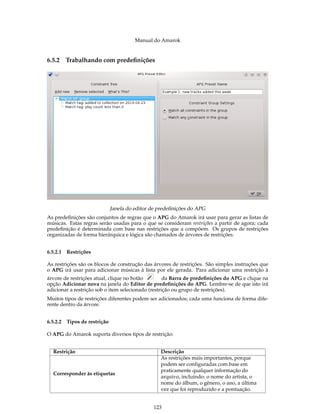 Manual do Amarok


6.5.2   Trabalhando com predeﬁnições




                             Janela do editor de predeﬁnições do APG
As predeﬁnições são conjuntos de regras que o APG do Amarok irá usar para gerar as listas de
músicas. Estas regras serão usadas para o que se consideram restrições a partir de agora; cada
predeﬁnição é determinada com base nas restrições que a compõem. Os grupos de restrições
organizadas de forma hierárquica e lógica são chamados de árvores de restrições.


6.5.2.1 Restrições

As restrições são os blocos de construção das árvores de restrições. São simples instruções que
o APG irá usar para adicionar músicas à lista por ele gerada. Para adicionar uma restrição à
árvore de restrições atual, clique no botão         da Barra de predeﬁnições do APG e clique na
opção Adicionar nova na janela do Editor de predeﬁnições do APG. Lembre-se de que isto irá
adicionar a restrição sob o item selecionado (restrição ou grupo de restrições).
Muitos tipos de restrições diferentes podem ser adicionados; cada uma funciona de forma dife-
rente dentro da árvore.


6.5.2.2 Tipos de restrição

O APG do Amarok suporta diversos tipos de restrição:


  Restrição                                      Descrição
                                                 As restrições mais importantes, porque
                                                 podem ser configuradas com base em
                                                 praticamente qualquer informação do
  Corresponder às etiquetas
                                                 arquivo, incluindo: o nome do artista, o
                                                 nome do álbum, o gênero, o ano, a última
                                                 vez que foi reproduzido e a pontuação.


                                              123
 