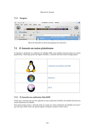 Manual do Amarok


7.1.7   Imagens




                   Barra de atmosfera na barra de progresso do Amarok 2


7.2 O Amarok em outras plataformas
O Amarok é destinado ao ambiente de trabalho KDE, mas também funciona bem em outras
plataformas. Ainda que possa dar algum trabalho, o Amarok funciona nestas conﬁgurações:




                                              Ambientes de trabalho não-KDE




                                              Windows




                                              OS X




7.2.1   O Amarok nos ambientes Não-KDE
Ainda que o Amarok seja um dos aplicativos mais conhecidos do KDE, ele também funciona em
outros ambientes de trabalho.
Esta seção mostra como o Amarok pode ser usado em outros ambientes de trabalho do Linux®
que não seja o KDE. Estes são apenas alguns exemplos e podem existir outros.




                                           132
 