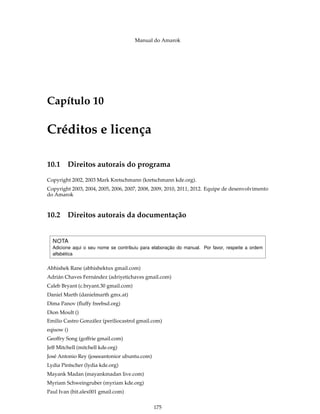 Manual do Amarok




Capítulo 10

Créditos e licença

10.1 Direitos autorais do programa
Copyright 2002, 2003 Mark Kretschmann (kretschmann kde.org).
Copyright 2003, 2004, 2005, 2006, 2007, 2008, 2009, 2010, 2011, 2012. Equipe de desenvolvimento
do Amarok



10.2 Direitos autorais da documentação


  NOTA
  Adicione aqui o seu nome se contribuiu para elaboração do manual. Por favor, respeite a ordem
  alfabética


Abhishek Rane (abhishektux gmail.com)
Adrián Chaves Fernández (adriyetichaves gmail.com)
Caleb Bryant (c.bryant.30 gmail.com)
Daniel Marth (danielmarth gmx.at)
Dima Panov (ﬂuffy freebsd.org)
Dion Moult ()
Emilio Castro González (periliocastrol gmail.com)
eqisow ()
Geoffry Song (goffrie gmail.com)
Jeff Mitchell (mitchell kde.org)
José Antonio Rey (joseeantonior ubuntu.com)
Lydia Pintscher (lydia kde.org)
Mayank Madan (mayankmadan live.com)
Myriam Schweingruber (myriam kde.org)
Paul Ivan (bit.alex001 gmail.com)


                                              175
 