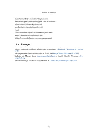 Manual do Amarok


Pedro Raimundo (pedrooraimundo gmail.com)
Pete Daniels (pete guerrillatechsupport.com), screenshots
Salma Sultana (salma4534 yahoo.com)
Sash Karttunen (sasu.karttunen tpnet.ﬁ)
tris r ()
Valorie Zimmerman (valorie.zimmerman gmail.com)
Walter P. Little (walterplittle gmail.com)
Willem Ferguson (willemferguson zoology.up.ac.za)



10.3 Licenças
Esta documentação está licenciada segundo os termos da Licença de Documentação Livre da
GNU.
Este programa está licenciado segundo os termos da Licença Pública Geral da GNU (GPL).
Tradução de Marcus Gama marcus.gama@gmail.com e André Marcelo Alvarenga alva-
renga@kde.org
Esta documentação é licenciada sob os termos da Licença de Documentação Livre GNU.




                                              176
 