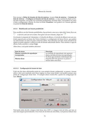 Manual do Amarok


Para acessar o Editor de leiautes da lista de músicas, vá para Lista de músicas → Leiautes da
lista de músicas → Conﬁgurar os leiautes da lista de músicas... e veja a janela de edição acima.
Do lado esquerdo, você pode ver os leiautes predeﬁnidos; clicando neles, você poderá ver como
é feita a conﬁguração à direita. Se clicar no botão Visualizar, você poderá ver o leiaute aplicado
no painel da Lista de músicas.


4.9.3.1 Modiﬁcando um leiaute predeﬁnido

Para modiﬁcar um dos leiautes predeﬁnidos, faça primeiro uma nova cópia dele: basta clicar em
      e salvá-lo com um novo nome. Para gerar um novo leiaute, clique em
Um leiaute é composto de 3 elementos: o Cabeçalho do álbum, o Conteúdo do álbum (com um con-
teúdo especial para as faixas dos Vários Artistas) e a conﬁguração de faixas Únicas, que podem
ser selecionadas nas abas da parte central do editor. Para adicionar um item, basta arrastá-lo do
seletor na parte superior e soltá-lo na aba do leiaute selecionado abaixo. Para mostrar a capa do
álbum, basta assinalar o campo Capa.
Além disso, você pode também adicionar:


   Item do menu                                     Descrição
   Mostrar controles de reprodução                  os controles de reprodução irão aparecer
   incorporados                                     abaixo da linha da faixa em reprodução.
                                                    As dicas que mostram a informação das
   Mostrar dicas                                    etiquetas ID3 irão aparecer ao passar o
                                                    mouse sobre uma faixa.




4.9.3.1.1   Conﬁguração do leiaute do item

Cada um dos itens adicionados pode ter o seu próprio leiaute conﬁgurado: se passar o mouse
sobre o item será mostrada uma chave inglesa; se clicar nesse botão, você poderá acessar uma
janela de conﬁguração desse item. O exemplo abaixo mostra-lhe a janela de conﬁguração do
item Álbum:




Você pode então decidir a largura total desse item (100% é a largura total da linha, por isso, se
usar uma largura personalizada e tiver mais de um item em uma linha, você precisa reduzir essa


                                               71
 