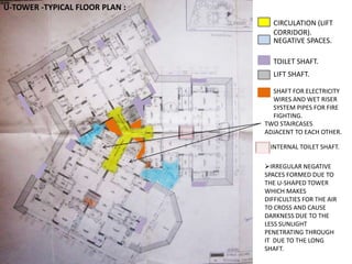 U-TOWER -TYPICAL FLOOR PLAN : 
CIRCULATION (LIFT 
CORRIDOR). 
NEGATIVE SPACES. 
TOILET SHAFT. 
LIFT SHAFT. 
SHAFT FOR ELECTRICITY 
WIRES AND WET RISER 
SYSTEM PIPES FOR FIRE 
FIGHTING. 
TWO STAIRCASES 
ADJACENT TO EACH OTHER. 
INTERNAL TOILET SHAFT. 
IRREGULAR NEGATIVE 
SPACES FORMED DUE TO 
THE U-SHAPED TOWER 
WHICH MAKES 
DIFFICULTIES FOR THE AIR 
TO CROSS AND CAUSE 
DARKNESS DUE TO THE 
LESS SUNLIGHT 
PENETRATING THROUGH 
IT DUE TO THE LONG 
SHAFT. 
 