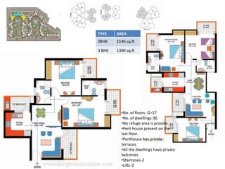 TYPE AREA 
2BHK 1140 sq.ft 
3 BHK 1390 sq.ft 
•No. of floors- G+17 
•No. of dwellings-36 
•No refuge area is provide. 
•Pent house present on the 
last floor. 
•Penthouse has private 
terraces. 
•All the dwellings have private 
balconies 
•Staircases-2 
•Lifts-2 
 