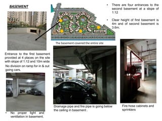 • No proper light and 
ventilation in basement. 
• There are four entrances to the 
second basement at a slope of 
1:12 
• Clear height of first basement is 
4m and of second basement is 
3.6m. 
Entrance to the first basement 
provided at 4 places on the site 
with slope of 1:12 and 10m wide 
No division on ramp for in & out 
going cars. 
Fire hose cabinets and 
sprinklers 
The basement covered the entire site 
Drainage pipe and fire pipe is going below 
the ceiling in basement . 
BASEMENT 
 