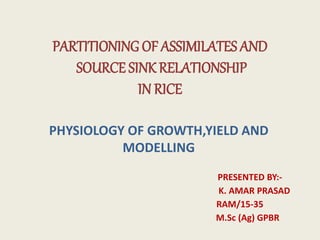 PARTITIONING OF ASSIMILATES AND
SOURCE SINK RELATIONSHIP
IN RICE
PHYSIOLOGY OF GROWTH,YIELD AND
MODELLING
PRESENTED BY:-
K. AMAR PRASAD
RAM/15-35
M.Sc (Ag) GPBR
 