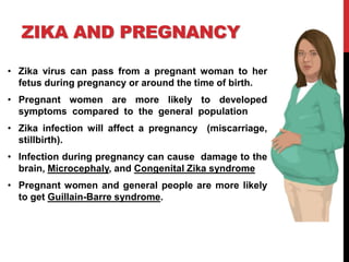 ZIKA AND PREGNANCY
• Zika virus can pass from a pregnant woman to her
fetus during pregnancy or around the time of birth.
• Pregnant women are more likely to developed
symptoms compared to the general population
• Zika infection will affect a pregnancy (miscarriage,
stillbirth).
• Infection during pregnancy can cause damage to the
brain, Microcephaly, and Congenital Zika syndrome
• Pregnant women and general people are more likely
to get Guillain-Barre syndrome.
 