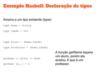 Exemplo Haskell: Declaração de tipos
Amarra a um tipo existente (type):
type Nome = String
type Idade = Int
type Aluno = (Nome,Idade)
type Professor = (Nome,Idade)
getName :: Aluno -> Nome
getName (n,_) = n
A função getName espera
um aluno, porém ela
aceitou X que é um
professor.
 
