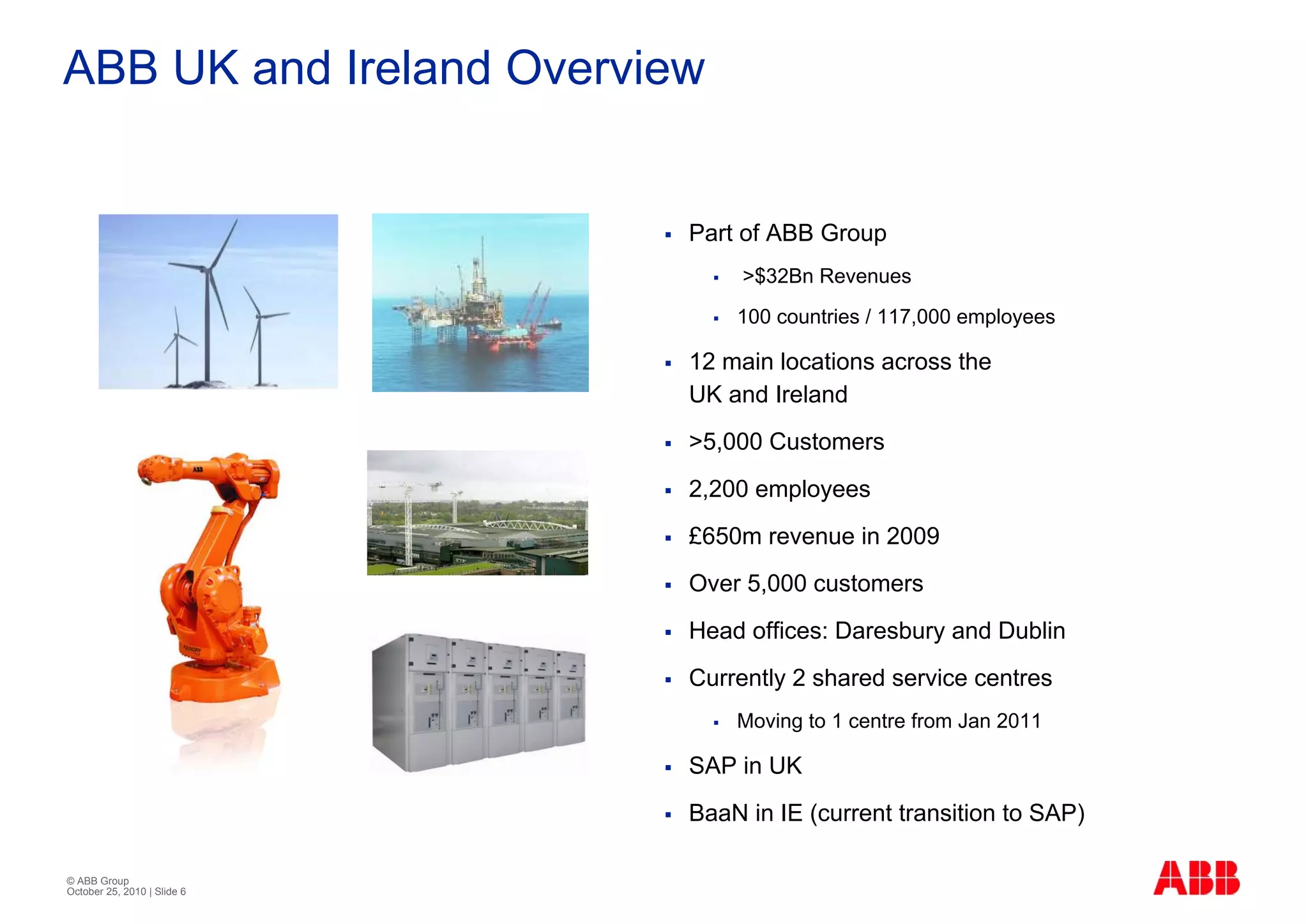 ABB UK and Ireland Overview


                             Part of ABB Group
                                  >$32Bn Revenues
                                 100 countries / 117,000 employees

                             12 main locations across the
                             UK and Ireland
                             >5,000 Customers
                             2,200 employees
                             £650m revenue in 2009
                             Over 5,000 customers
                             Head offices: Daresbury and Dublin
                             Currently 2 shared service centres
                                 Moving to 1 centre from Jan 2011

                             SAP in UK
                             BaaN in IE (current transition to SAP)

© ABB Group
October 25, 2010 | Slide 6
 