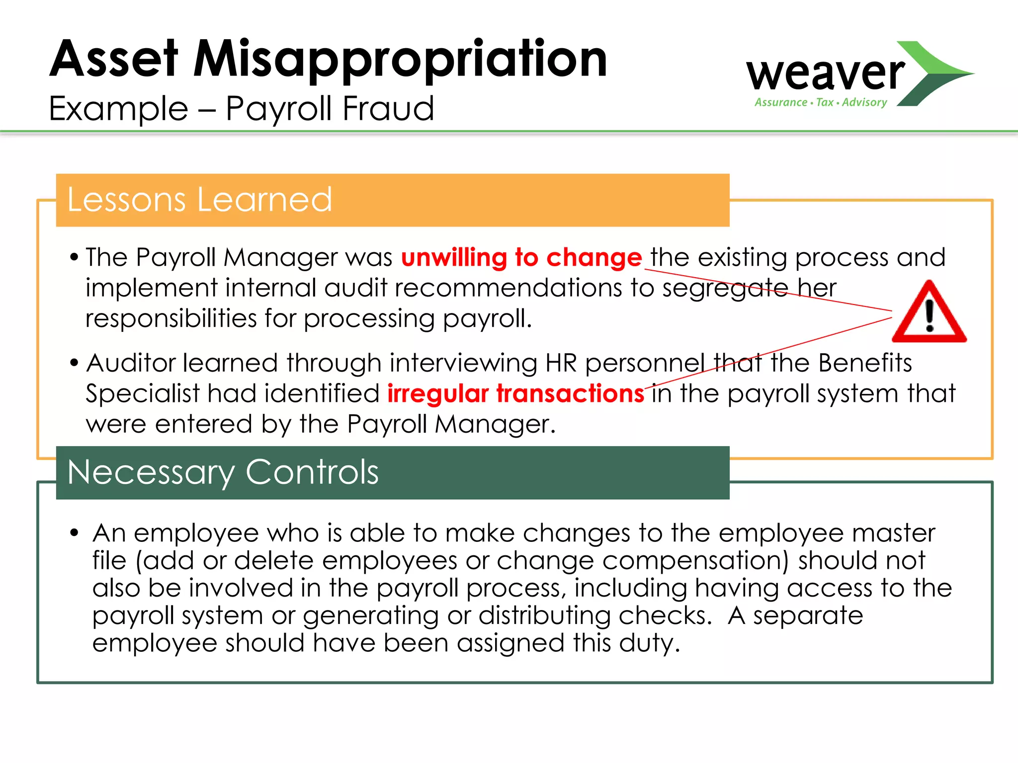 Asset Misappropriation
Example – Payroll Fraud
Lessons Learned
•The Payroll Manager was unwilling to change the existing process and
implement internal audit recommendations to segregate her
responsibilities for processing payroll.
•Auditor learned through interviewing HR personnel that the Benefits
Specialist had identified irregular transactions in the payroll system that
were entered by the Payroll Manager.
Necessary Controls
• An employee who is able to make changes to the employee master
file (add or delete employees or change compensation) should not
also be involved in the payroll process, including having access to the
payroll system or generating or distributing checks. A separate
employee should have been assigned this duty.
 