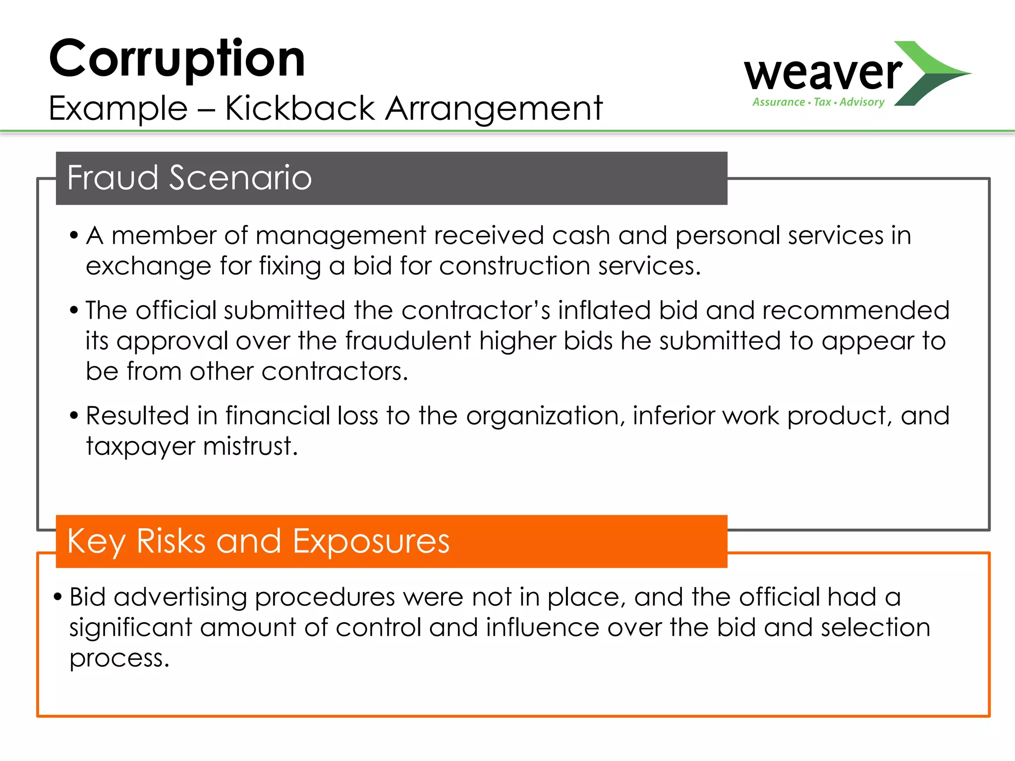 Corruption
Example – Kickback Arrangement
Fraud Scenario
•A member of management received cash and personal services in
exchange for fixing a bid for construction services.
•The official submitted the contractor’s inflated bid and recommended
its approval over the fraudulent higher bids he submitted to appear to
be from other contractors.
•Resulted in financial loss to the organization, inferior work product, and
taxpayer mistrust.
•Bid advertising procedures were not in place, and the official had a
significant amount of control and influence over the bid and selection
process.
Key Risks and Exposures
 