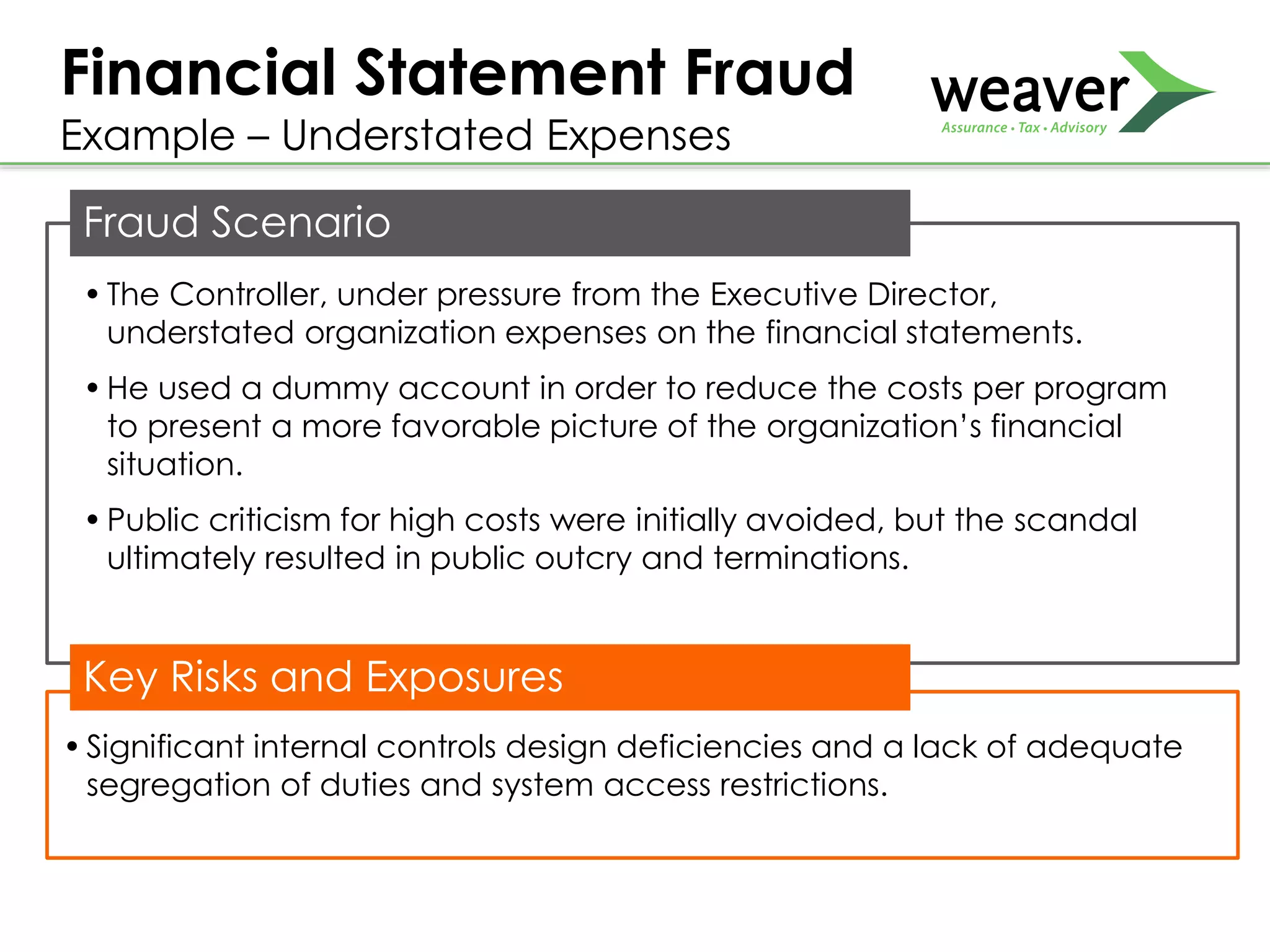 Financial Statement Fraud
Example – Understated Expenses
Fraud Scenario
•The Controller, under pressure from the Executive Director,
understated organization expenses on the financial statements.
•He used a dummy account in order to reduce the costs per program
to present a more favorable picture of the organization’s financial
situation.
•Public criticism for high costs were initially avoided, but the scandal
ultimately resulted in public outcry and terminations.
•Significant internal controls design deficiencies and a lack of adequate
segregation of duties and system access restrictions.
Key Risks and Exposures
 
