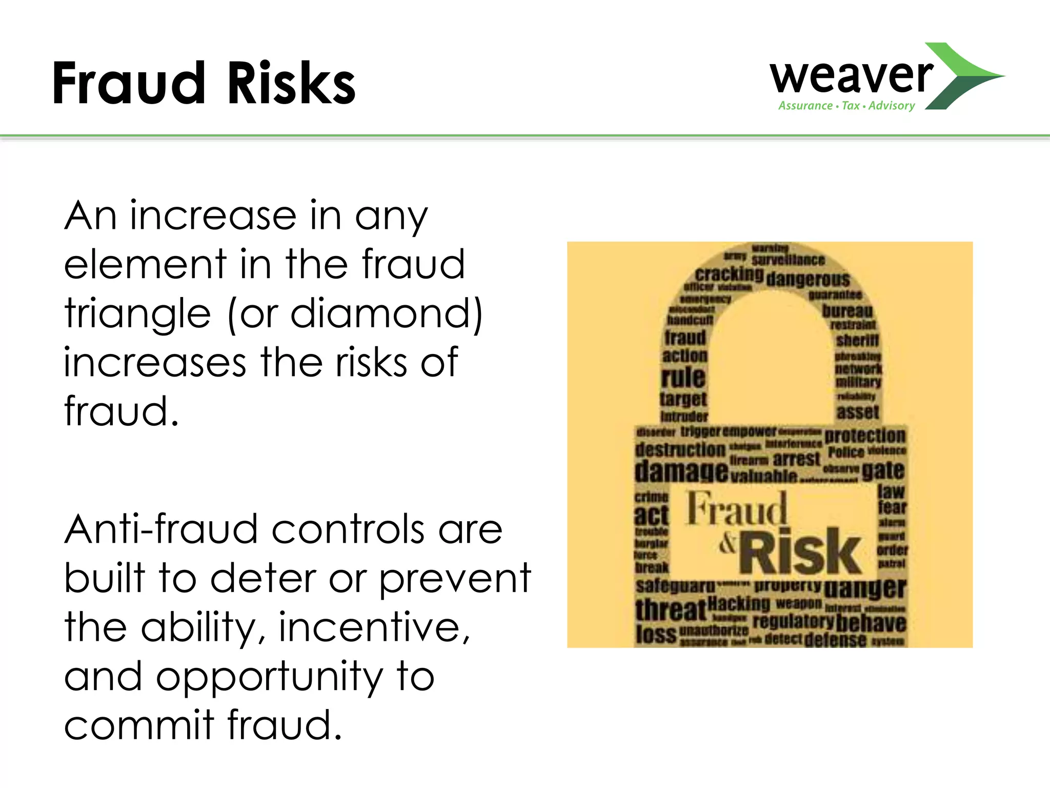 An increase in any
element in the fraud
triangle (or diamond)
increases the risks of
fraud.
Anti-fraud controls are
built to deter or prevent
the ability, incentive,
and opportunity to
commit fraud.
Fraud Risks
 