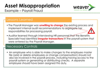 Asset Misappropriation
Example – Payroll Fraud
Lessons Learned
•The Payroll Manager was unwilling to change the existing process and
implement internal audit recommendations to segregate her
responsibilities for processing payroll.
•Auditor learned through interviewing HR personnel that the Benefits
Specialist had identified irregular transactions in the payroll system that
were entered by the Payroll Manager.
Necessary Controls
• An employee who is able to make changes to the employee master
file (add or delete employees or change compensation) should not
also be involved in the payroll process, including having access to the
payroll system or generating or distributing checks. A separate
employee should have been assigned this duty.
 