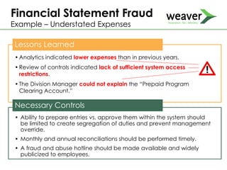 Lessons Learned
•Analytics indicated lower expenses than in previous years.
•Review of controls indicated lack of sufficient system access
restrictions.
•The Division Manager could not explain the “Prepaid Program
Clearing Account.”
•.
Necessary Controls
• Ability to prepare entries vs. approve them within the system should
be limited to create segregation of duties and prevent management
override.
• Monthly and annual reconciliations should be performed timely.
• A fraud and abuse hotline should be made available and widely
publicized to employees.
Financial Statement Fraud
Example – Understated Expenses
 