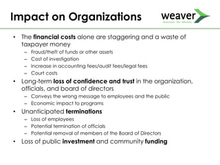 • The financial costs alone are staggering and a waste of
taxpayer money
– Fraud/theft of funds or other assets
– Cost of investigation
– Increase in accounting fees/audit fees/legal fees
– Court costs
• Long-term loss of confidence and trust in the organization,
officials, and board of directors
– Conveys the wrong message to employees and the public
– Economic impact to programs
• Unanticipated terminations
– Loss of employees
– Potential termination of officials
– Potential removal of members of the Board of Directors
• Loss of public investment and community funding
Impact on Organizations
 