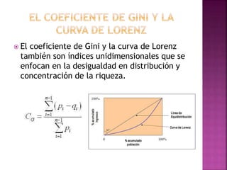  El coeficiente de Gini y la curva de Lorenz
también son índices unidimensionales que se
enfocan en la desigualdad en distribución y
concentración de la riqueza.
 