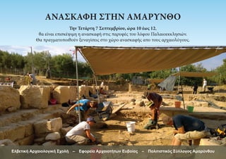 Την Τετάρτη 7 Σεπτεμβρίου, ώρα 10 έως 12,
θα είναι επισκέψιμη η ανασκαφή στις παρυφές του λόφου Παλαιοεκκλησιών.
Θα πραγματοποιθούν ξεναγίσεις στο χώρο ανασκαφής απο τους αρχαιολόγους.
ΑΝΑΣΚΑΦΉ ΣΤΗΝ ΑΜΆΡΥΝΘΟ
Ελβετική Αρχαιολογική Σχολή  –  Εφορεία Αρχαιοτήτων Ευβοίας  –  Πολιτιστικός Σύλλογος Αμαρύνθου
 