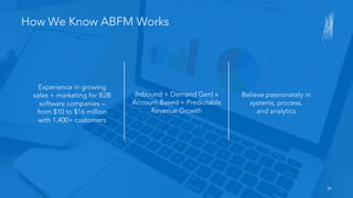 21
How We Know ABFM Works
Experience in growing
sales + marketing for B2B
software companies –
from $10 to $16 million
with 1,400+ customers
(Inbound + Demand Gen) x
Account-Based = Predictable
Revenue Growth
Believe passionately in
systems, process,
and analytics
 