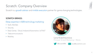 Scratch: Company Overview
Scratch is a growth advisor and nimble execution partner for game-changing technologies.
2
Deep expertise in B2B technology marketing:
• SaaS, DevOps
• Security
• Data Center, Cloud, Industrial Automation, IoT/IIoT
• Telecommunications
• Mobility
Lora Kratchounova
Principal, Scratch Marketing + Media
@ScratchMM lora@scratchmm.com
SCRATCH BRINGS:
 