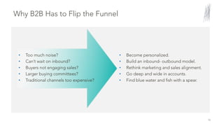 • Too much noise?
• Can’t wait on inbound?
• Buyers not engaging sales?
• Larger buying committees?
• Traditional channels too expensive?
• Become personalized.
• Build an inbound- outbound model.
• Rethink marketing and sales alignment.
• Go deep and wide in accounts.
• Find blue water and fish with a spear.
Why B2B Has to Flip the Funnel
10
 