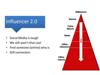 Influencer 2.0
•
•
•
•

Social Media is tough
We still aren’t that cool
Find someone (online) who is
Still connectors

 