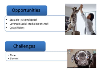 Opportunities
• Scalable- National/Local
• Leverage Social Media big or small
• Cost Efficient

Challenges
• Time
• Control

 