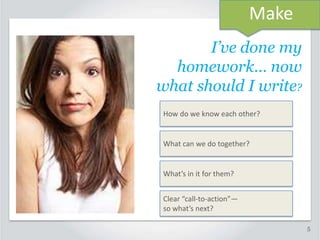 Make
I’ve done my
homework… now
what should I write?
How do we know each other?

What can we do together?

What’s in it for them?
Clear “call-to-action”—
so what’s next?
5

 