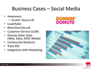 Business Cases – Social Media
• Awareness
• Dunkin’ Donuts KC
• Lead/Sales
• Retention/Up-sell
• Customer Service (sCSR)
• Overlay Other Data
(Web, Sales, SEM, Media)
• Community Relations
• Track ROI
• Integration with Marketing

 