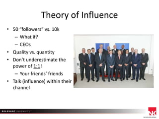 Theory of Influence
• 50 “followers” vs. 10k
– What if?
– CEOs
• Quality vs. quantity
• Don’t underestimate the
power of 1:1!
– Your friends’ friends
• Talk (influence) within their
channel

 