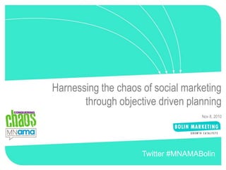1
Harnessing the chaos of social marketing
through objective driven planning
Nov 8, 2010
Twitter #MNAMABolin
 