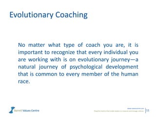 Evolutionary Coaching

No matter what type of coach you are, it is
important to recognize that every individual you
are working with is on evolutionary journey—a
natural journey of psychological development
that is common to every member of the human
race.

www.valuescentre.com
Powerful metrics that enable leaders to measure and manage cultures.

11

 