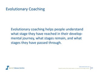 Evolutionary Coaching

Evolutionary coaching helps people understand
what stage they have reached in their developmental journey, what stages remain, and what
stages they have passed through.

www.valuescentre.com
Powerful metrics that enable leaders to measure and manage cultures.

12

 