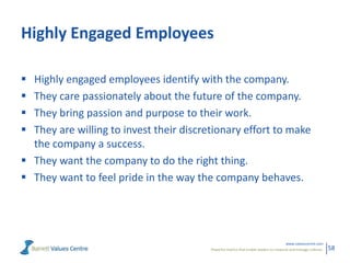 Highly Engaged Employees





Highly engaged employees identify with the company.
They care passionately about the future of the company.
They bring passion and purpose to their work.
They are willing to invest their discretionary effort to make
the company a success.
 They want the company to do the right thing.
 They want to feel pride in the way the company behaves.

www.valuescentre.com
Powerful metrics that enable leaders to measure and manage cultures.

58

 