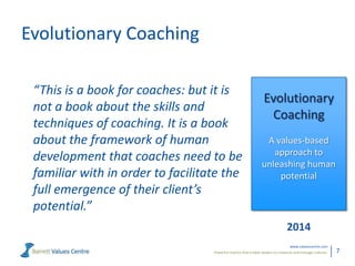 Evolutionary Coaching
“This is a book for coaches: but it is
not a book about the skills and
techniques of coaching. It is a book
about the framework of human
development that coaches need to be
familiar with in order to facilitate the
full emergence of their client’s
potential.”

Evolutionary
Coaching
A values-based
approach to
unleashing human
potential

2014
www.valuescentre.com
Powerful metrics that enable leaders to measure and manage cultures.

7

 