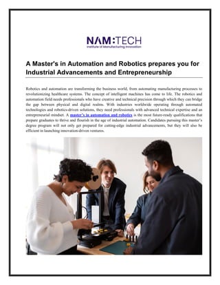 A Master's in Automation and Robotics prepares you for Industrial ...