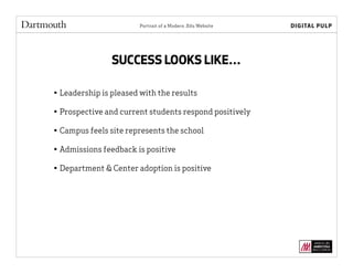 Portrait of a Modern .Edu Website
SUCCESS LOOKS LIKE…
• Leadership is pleased with the results
• Prospective and current students respond positively
• Campus feels site represents the school
• Admissions feedback is positive
• Department & Center adoption is positive
 