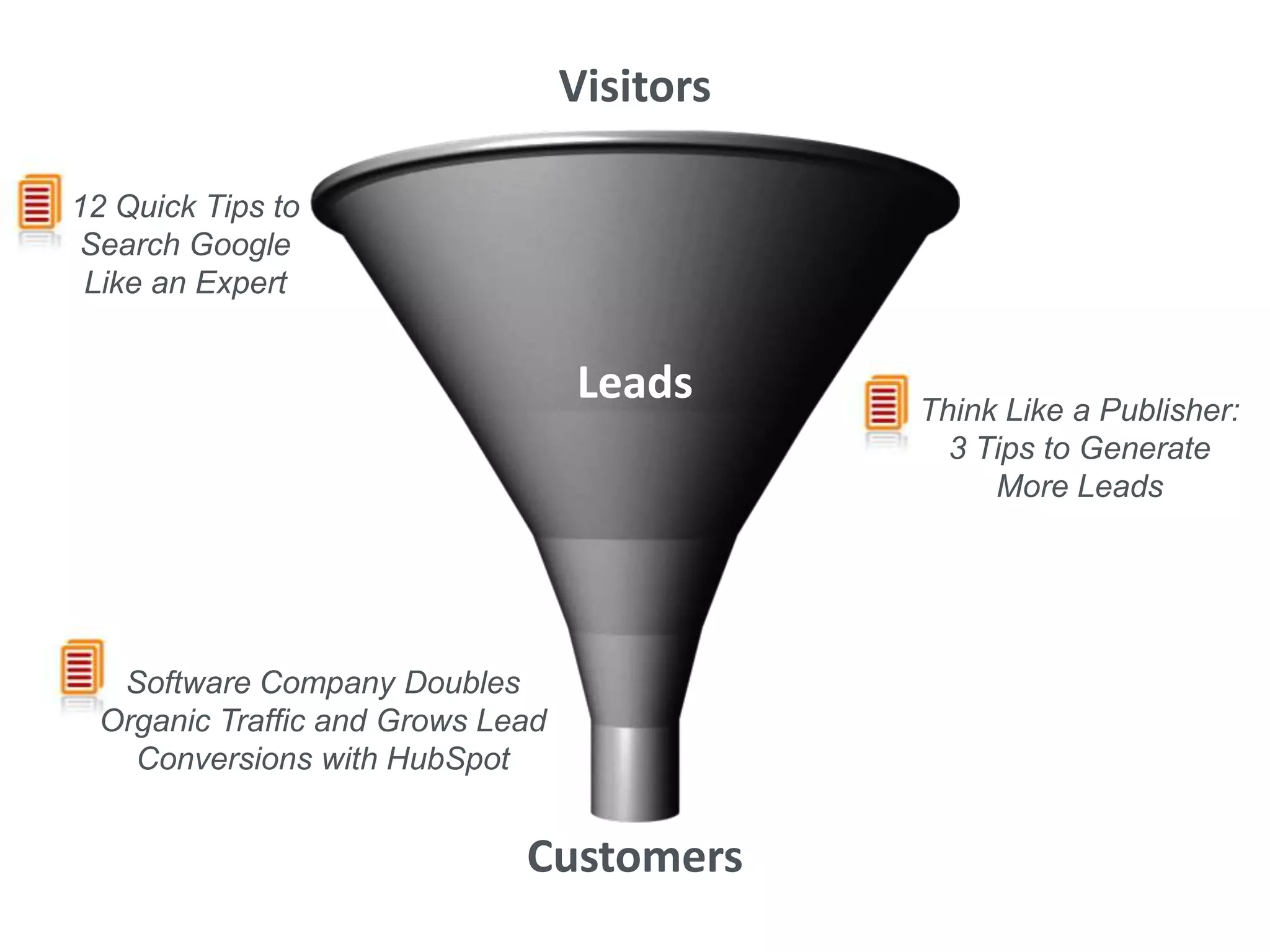 Visitors

12 Quick Tips to
Search Google
 Like an Expert


                                  Leads      Think Like a Publisher:
                                               3 Tips to Generate
                                                  More Leads




  Software Company Doubles
 Organic Traffic and Grows Lead
   Conversions with HubSpot


                             Customers
 