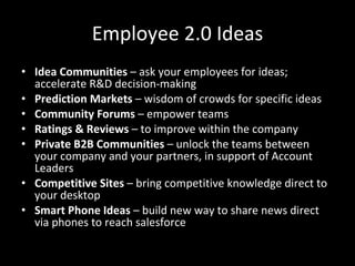 Employee 2.0 Ideas <ul><li>Idea Communities  – ask your employees for ideas; accelerate R&D decision-making </li></ul><ul>...