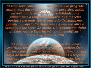 Desencarne de Francisco Cândido Xavie
Início da Era de Aquário - 2ª Geração da Doutrina Espír
FEB anuncia o “Pacto Áureo” - Unificação do Movimento Espír
Reencarna Chico Xavier - 1ª Geração da Doutrina Espíri
Ciclo de Regeneração - 3ª Geração da Doutrina Espír
Surgimento do Espiritismo – Allan Karde1857
1910
1949
1962
2002
2009
Cronologia da Doutrina Espírita
 
