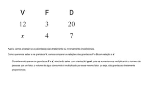 Agora, vamos analisar se as grandezas são diretamente ou inversamente proporcionais.
Como queremos saber x na grandeza V, vamos comparar as relações das grandezas F e D com relação a V.
Considerando apenas as grandezas F e V, elas terão setas com orientação igual, pois se aumentarmos multiplicando o número de
pessoas por um fator, o volume de água consumido é multiplicado por esse mesmo fator, ou seja, são grandezas diretamente
proporcionais;
 