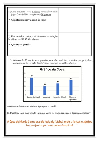 H) Uma excursão levou 4 ônibus para assistir a um
jogo. Cada ônibus transportava 56 pessoas.
✓ Quantas pessoas viajaram ao todo?
I) Um torcedor comprou 4 camisetas da seleção
brasileira por R$ 85,00 cada uma.
✓ Quanto ele gastou?
5. A turma do 5º ano fez uma pesquisa para saber qual item temático eles pretendem
comprar para torcer pelo Brasil. Veja o resultado no gráfico abaixo:
A) Quantos alunos responderam à pesquisa no total?
B) Qual foi o item mais votado e quantos votos ele teve a mais que o item menos votado?
A Copa do Mundo é uma grande festa do futebol, onde crianças e adultos
torcem juntos por seus países favoritos!
 