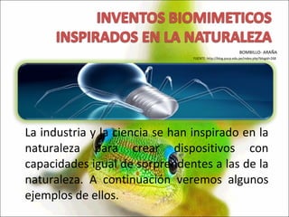 La industria y la ciencia se han inspirado en la naturaleza para crear dispositivos con capacidades igual de sorprendentes a las de la naturaleza. A continuación veremos algunos ejemplos de ellos. BOMBILLO- ARAÑA FUENTE: http://blog.pucp.edu.pe/index.php?blogid=268   