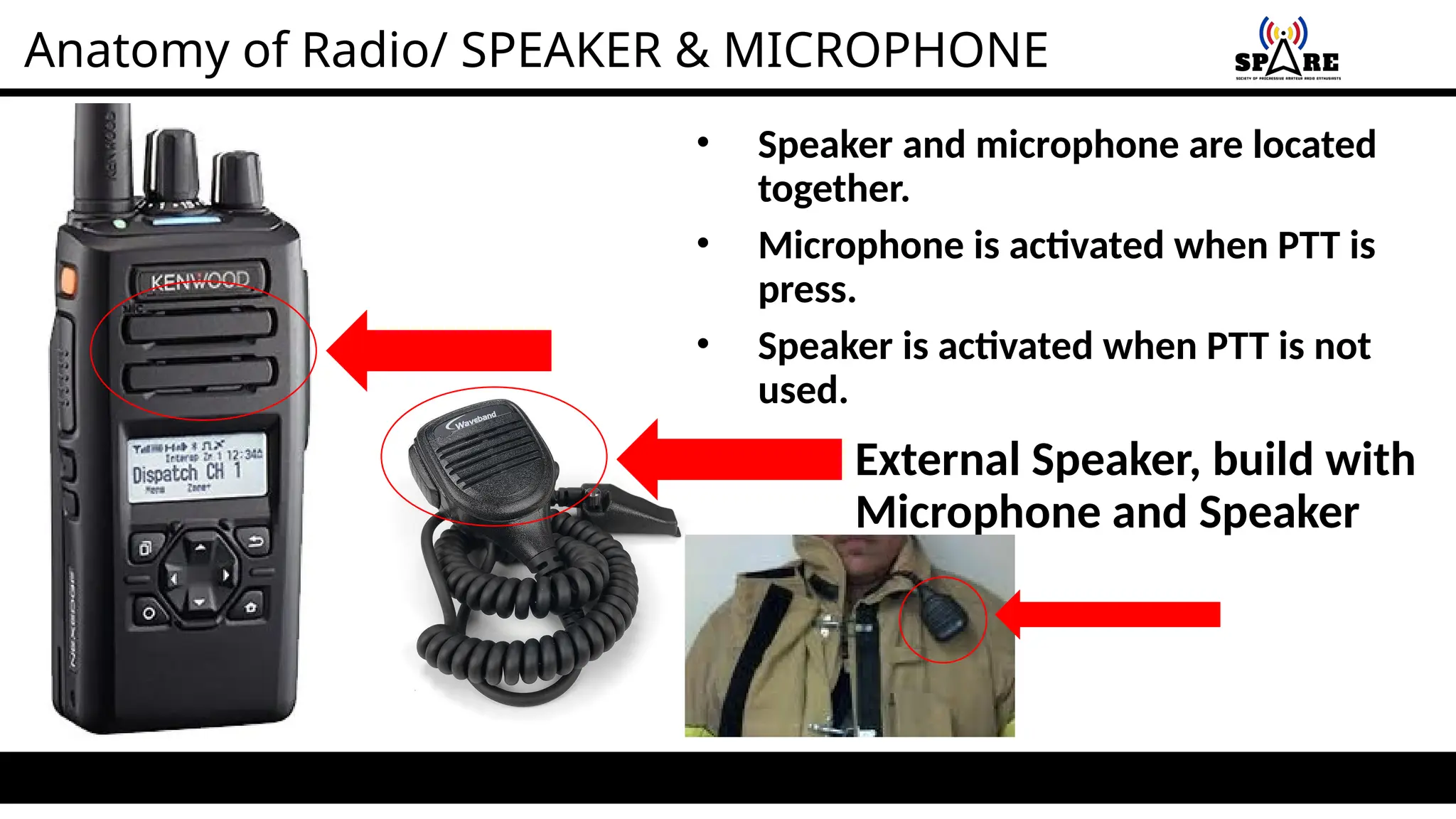 Anatomy of Radio/ SPEAKER & MICROPHONE
• Speaker and microphone are located
together.
• Microphone is activated when PTT is
press.
• Speaker is activated when PTT is not
used.
External Speaker, build with
Microphone and Speaker
 