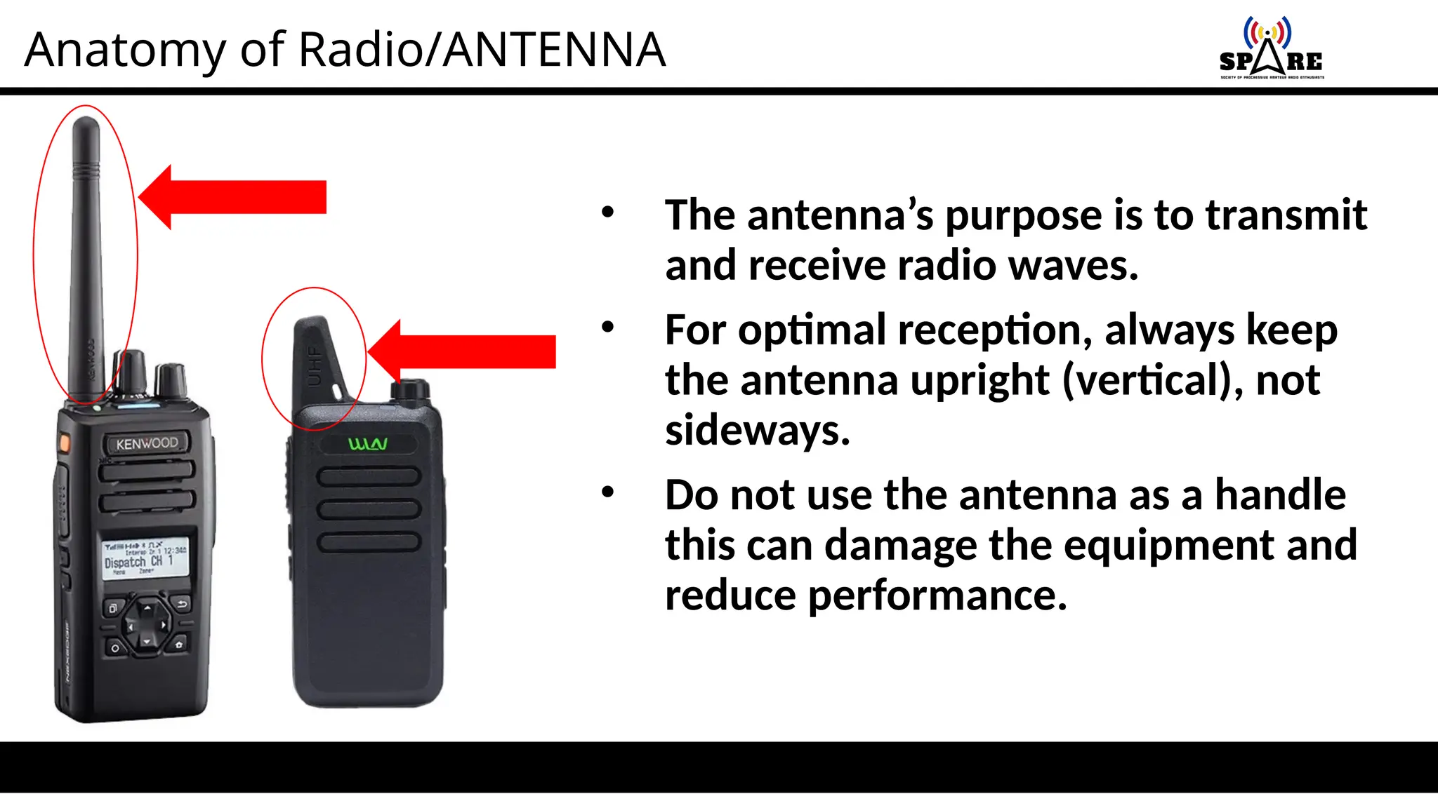 Anatomy of Radio/ANTENNA
• The antenna’s purpose is to transmit
and receive radio waves.
• For optimal reception, always keep
the antenna upright (vertical), not
sideways.
• Do not use the antenna as a handle
this can damage the equipment and
reduce performance.
 