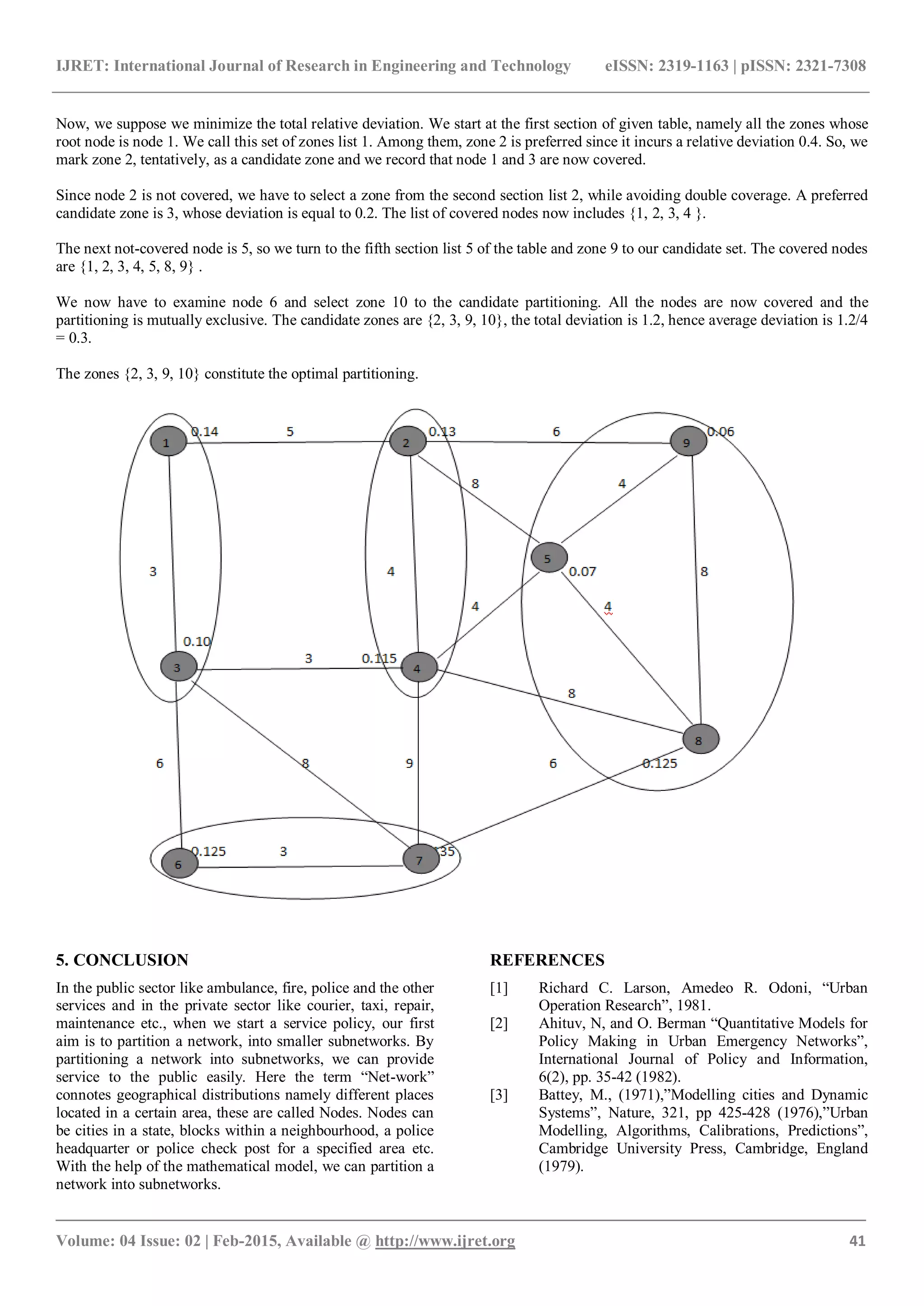 IJRET: International Journal of Research in Engineering and Technology eISSN: 2319-1163 | pISSN: 2321-7308
_______________________________________________________________________________________
Volume: 04 Issue: 02 | Feb-2015, Available @ http://www.ijret.org 41
Now, we suppose we minimize the total relative deviation. We start at the first section of given table, namely all the zones whose
root node is node 1. We call this set of zones list 1. Among them, zone 2 is preferred since it incurs a relative deviation 0.4. So, we
mark zone 2, tentatively, as a candidate zone and we record that node 1 and 3 are now covered.
Since node 2 is not covered, we have to select a zone from the second section list 2, while avoiding double coverage. A preferred
candidate zone is 3, whose deviation is equal to 0.2. The list of covered nodes now includes {1, 2, 3, 4 }.
The next not-covered node is 5, so we turn to the fifth section list 5 of the table and zone 9 to our candidate set. The covered nodes
are {1, 2, 3, 4, 5, 8, 9} .
We now have to examine node 6 and select zone 10 to the candidate partitioning. All the nodes are now covered and the
partitioning is mutually exclusive. The candidate zones are {2, 3, 9, 10}, the total deviation is 1.2, hence average deviation is 1.2/4
= 0.3.
The zones {2, 3, 9, 10} constitute the optimal partitioning.
5. CONCLUSION
In the public sector like ambulance, fire, police and the other
services and in the private sector like courier, taxi, repair,
maintenance etc., when we start a service policy, our first
aim is to partition a network, into smaller subnetworks. By
partitioning a network into subnetworks, we can provide
service to the public easily. Here the term “Net-work”
connotes geographical distributions namely different places
located in a certain area, these are called Nodes. Nodes can
be cities in a state, blocks within a neighbourhood, a police
headquarter or police check post for a specified area etc.
With the help of the mathematical model, we can partition a
network into subnetworks.
REFERENCES
[1] Richard C. Larson, Amedeo R. Odoni, “Urban
Operation Research”, 1981.
[2] Ahituv, N, and O. Berman “Quantitative Models for
Policy Making in Urban Emergency Networks”,
International Journal of Policy and Information,
6(2), pp. 35-42 (1982).
[3] Battey, M., (1971),”Modelling cities and Dynamic
Systems”, Nature, 321, pp 425-428 (1976),”Urban
Modelling, Algorithms, Calibrations, Predictions”,
Cambridge University Press, Cambridge, England
(1979).
 
